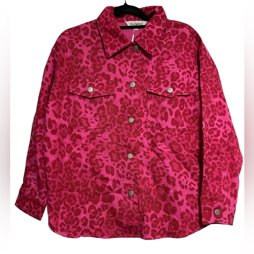 Davi & Dani Hot Pink Leopard Print Denim Jacket Shacket - Size Medium